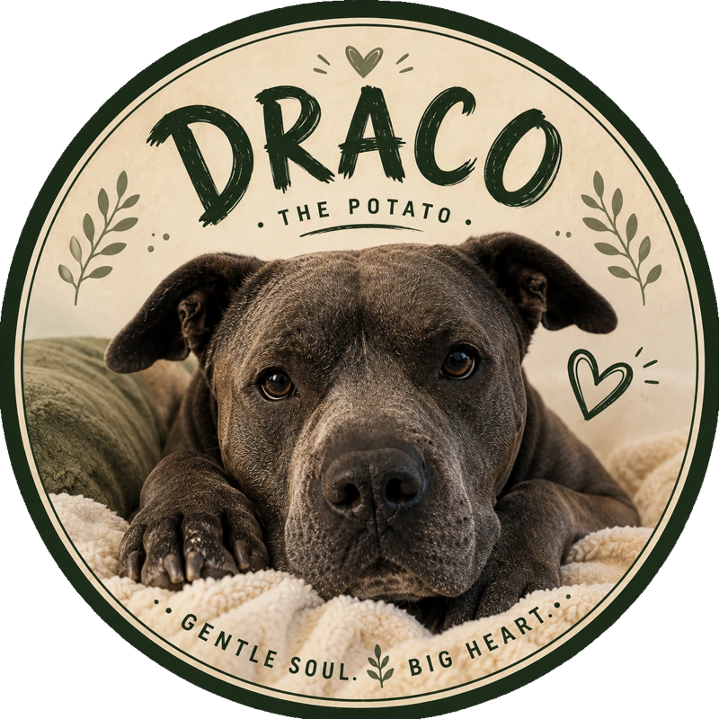 Draco the Potato — round badge logo of a grey Staffordshire pit mix resting on a cozy blanket, with the words Gentle Soul, Big Heart.